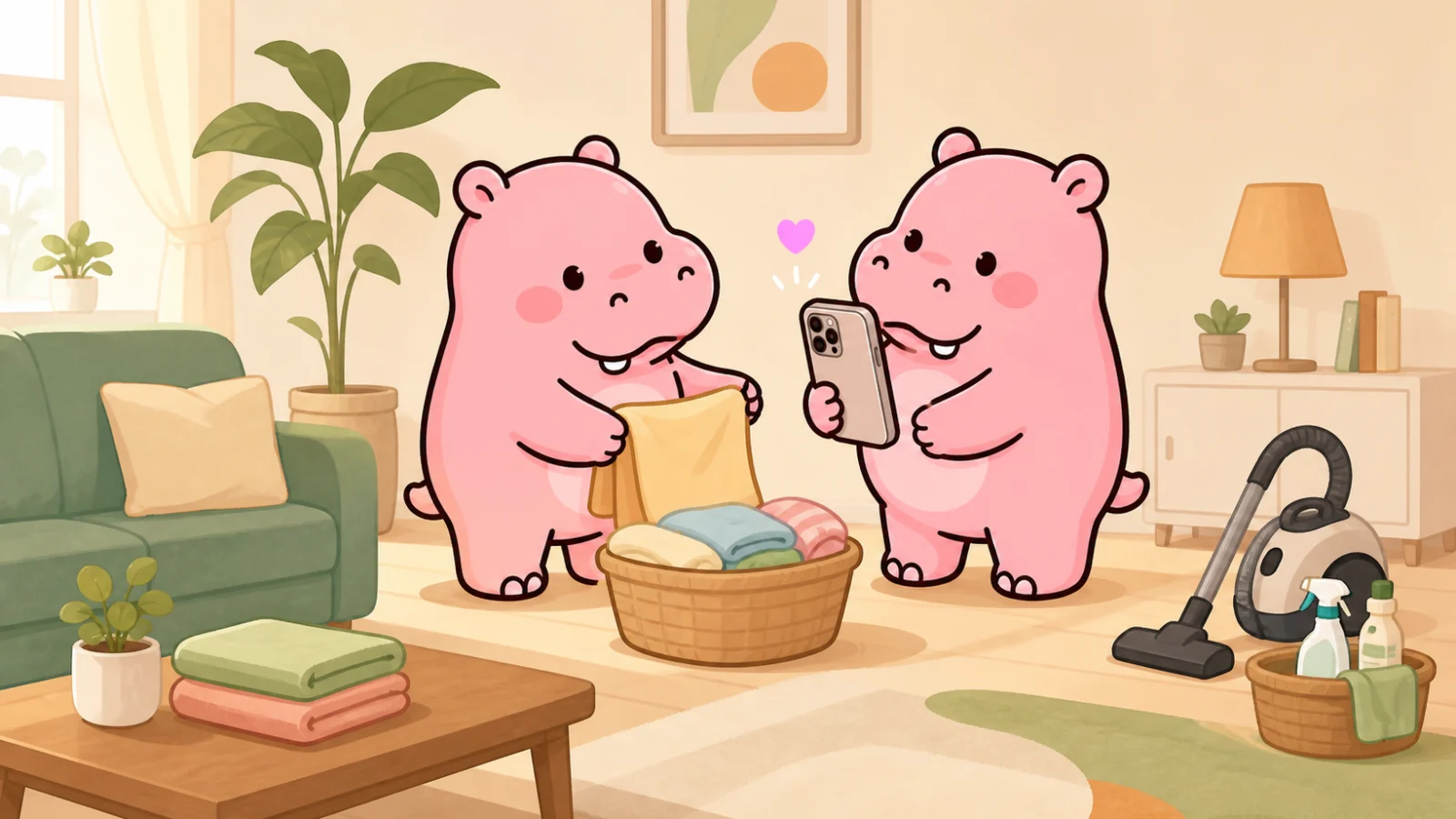 A chore app for couples who want a calmer way to share home life — Roxily characters balancing household activities together