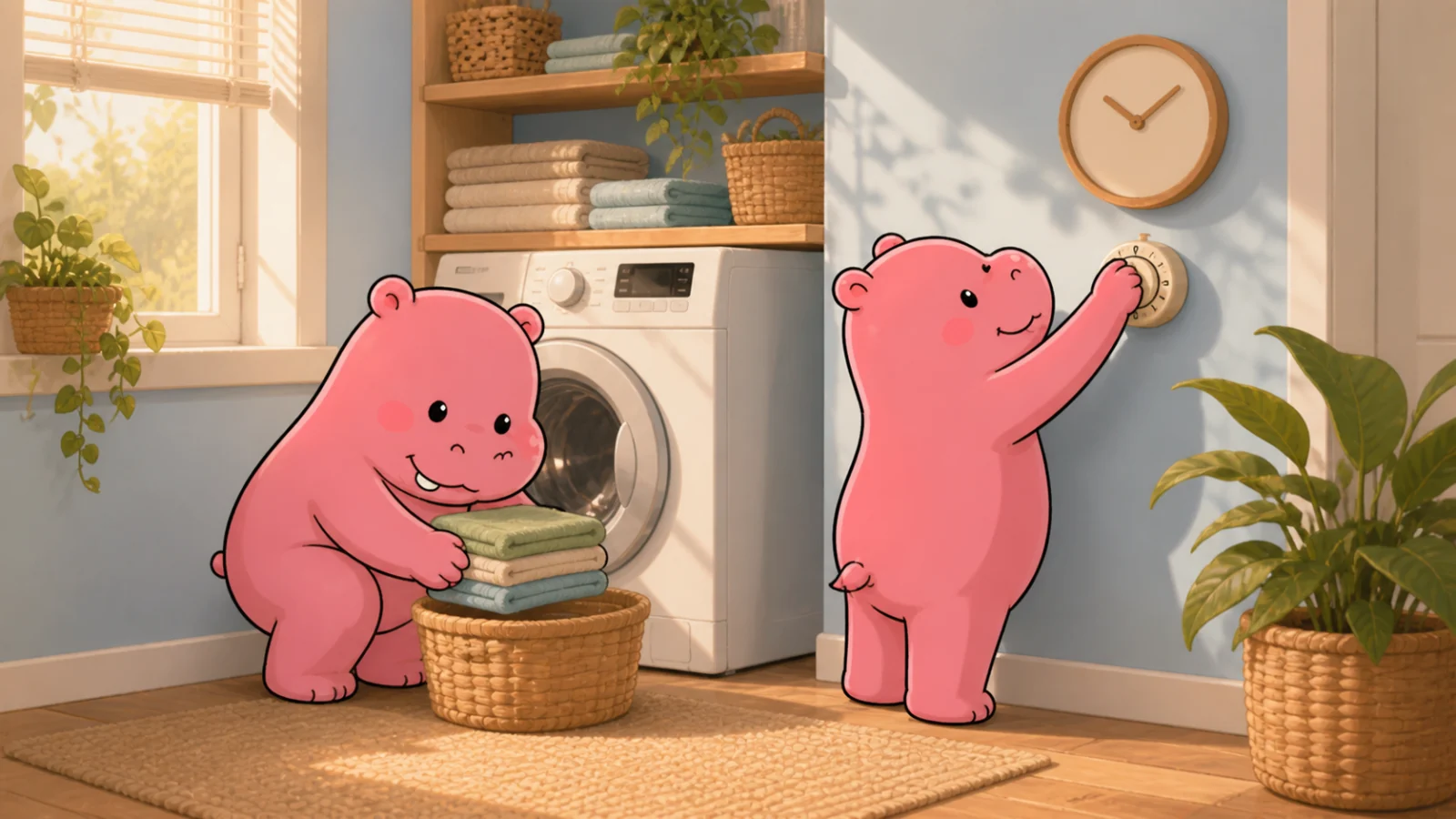 Two Roxily hippo mascots folding laundry together in a calm sunrise kitchen light