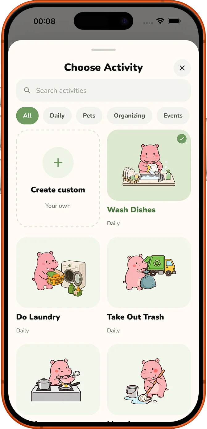 Roxily choose activity preset screen